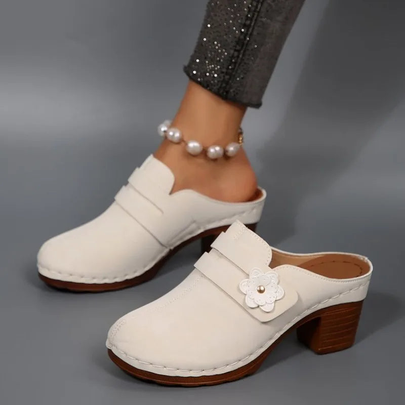 Women's Mules Round Toe Block Heel Suede-Look Shoes Casual Daily Slip-On Clogs Featuring Flower Applique Contrast Stitching 2026