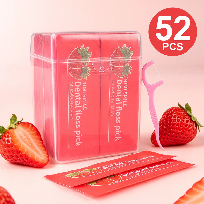 4 Fruit Flavors Individually Wrapped Dental Floss Picks, Mint Strawberry Orange Grape Disposable Floss Sticks, Smooth Flexible