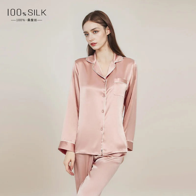 2025 Summer New Silk Pajamas Women's Long Sleeve Pants Lapel 100% Mulberry Silk Cool Home Clothes Set Pajamas Nightwear