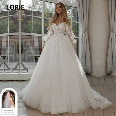 LORIE Glitter Wedding Dresses Puff Sleeve Appliques Lace | SAMAG