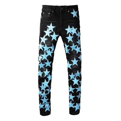 Men Sky Blue Leather Stars Patches Jeans Streetwear Black | SAMAG