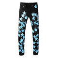 Men Sky Blue Leather Stars Patches Jeans Streetwear Black | SAMAG