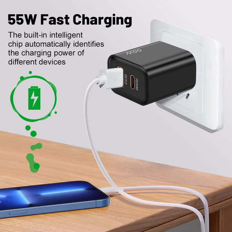 55W PD Fast USB Charge Charger 2 Ports EU US Plug Wall Charger Adapter For iPhone Xiaomi Huawei Samsung USB C Phone Charger