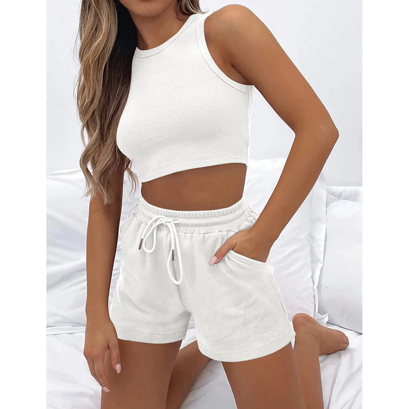 Hot Sells Women's Shorts 2-piece Set Waffle Short Vest Sports Running Elastic Waist Drawstring Summer Fashion Set for Female