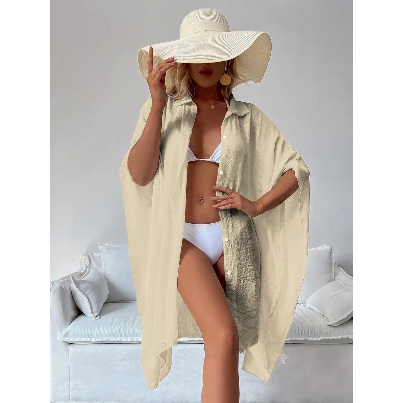 Women Lightweight Bamboo Cotton Beach Cover Up Shirt Style Loose Oversized Sun Protection Kaftan for Vacation Swimwear Outerwear