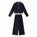 VIMLY Women's Two-piece Set 2026 Vintage Blue Denim Long Sleeve Coats Fashion Wide-leg Baggy Pant Matching Sets Female A2200