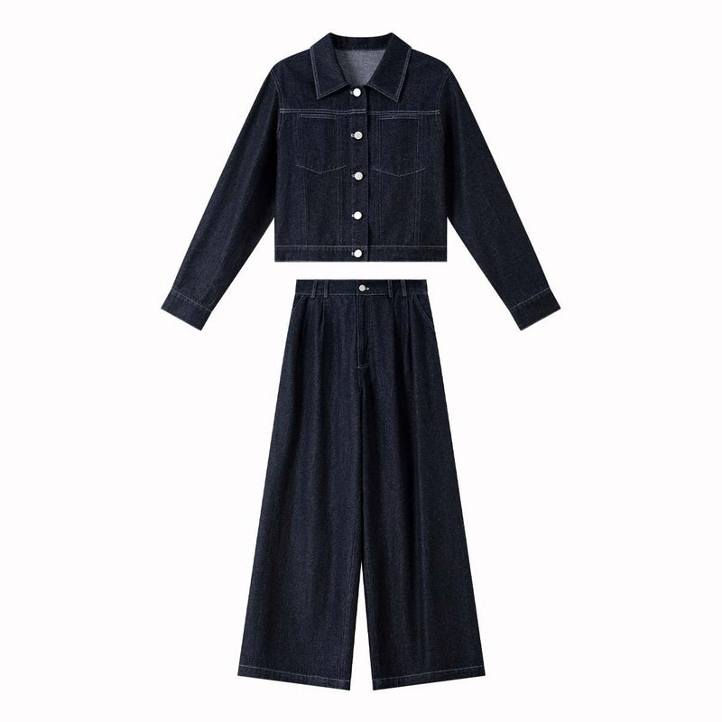 VIMLY Women's Two-piece Set 2026 Vintage Blue Denim Long Sleeve Coats Fashion Wide-leg Baggy Pant Matching Sets Female A2200