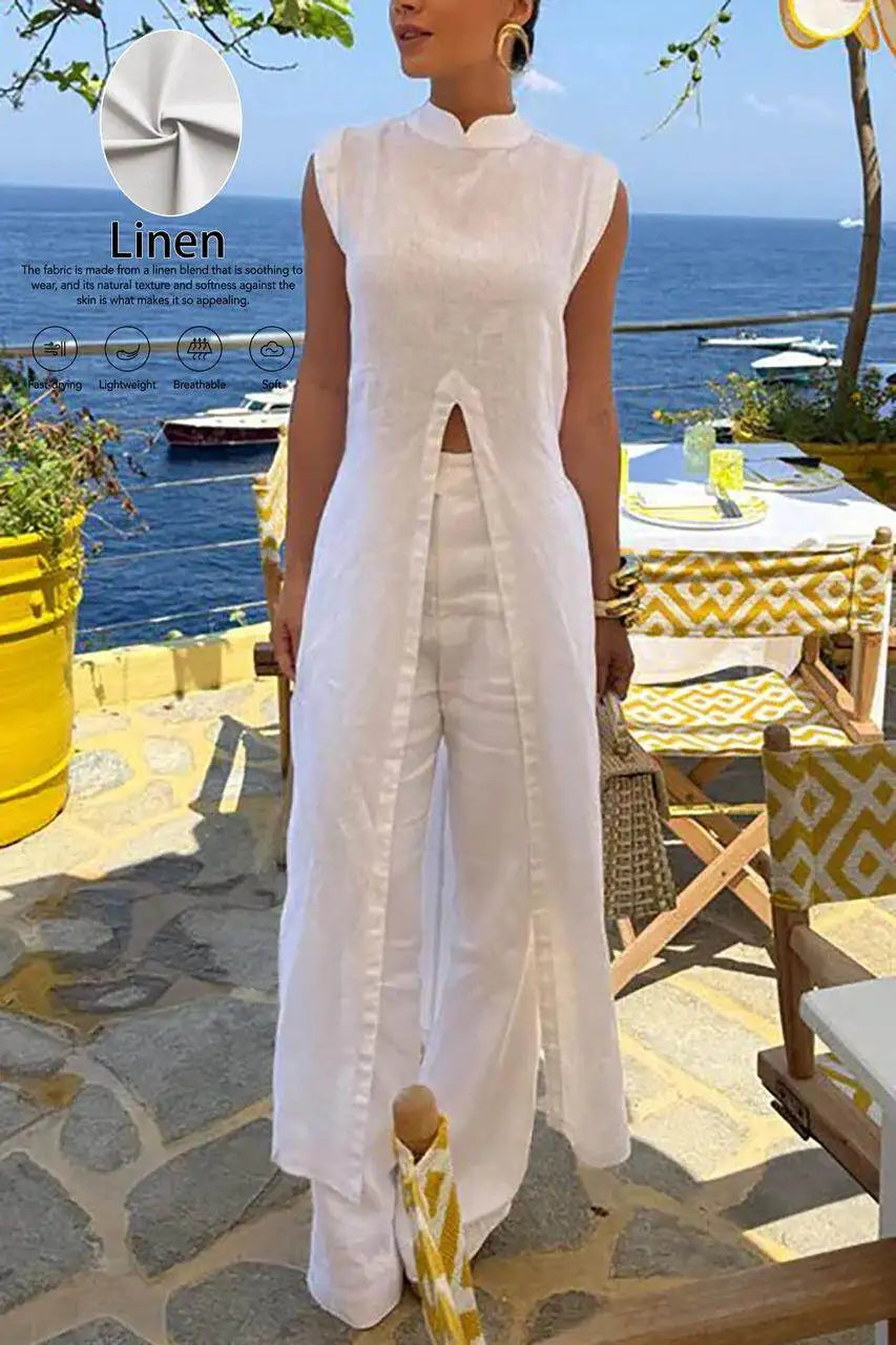 Classy Style Women Summer Stand Collar Sleeveless Front Split Long Tunic Wide Leg Pants Set