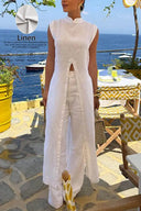Classy Style Women Summer Stand Collar Sleeveless Front Split Long Tunic Wide Leg Pants Set