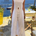 Classy Style Women Summer Stand Collar Sleeveless Front Split Long Tunic Wide Leg Pants Set