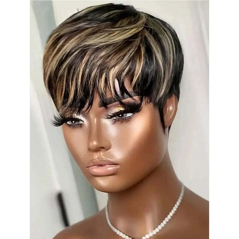 Short Pixie Cut Wig Human Hair Brazilian 100% Human Hair Glueless Pixie Wig with Bangs for Women Natural Black Full Machine Wigs