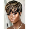 Short Pixie Cut Wig Human Hair Brazilian 100% Human Hair Glueless Pixie Wig with Bangs for Women Natural Black Full Machine Wigs