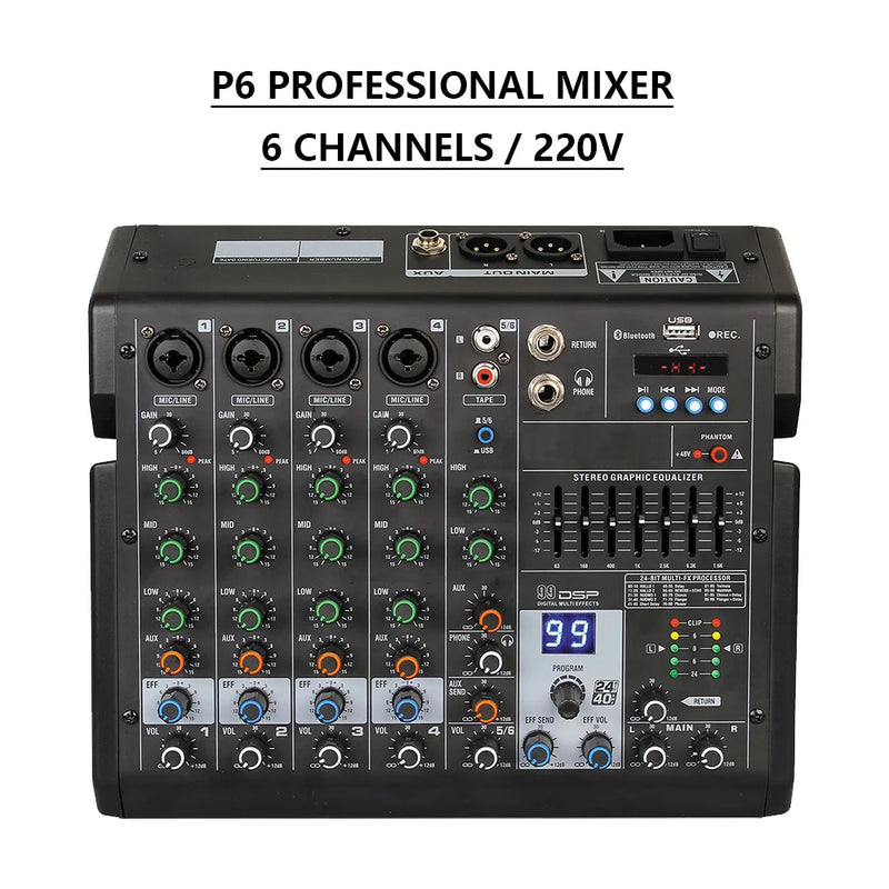 FUHAM 4 Channel Audio Mixer Bluetooth USB DJ Console 48V Phantom Power for Studio Karaoke Streaming
