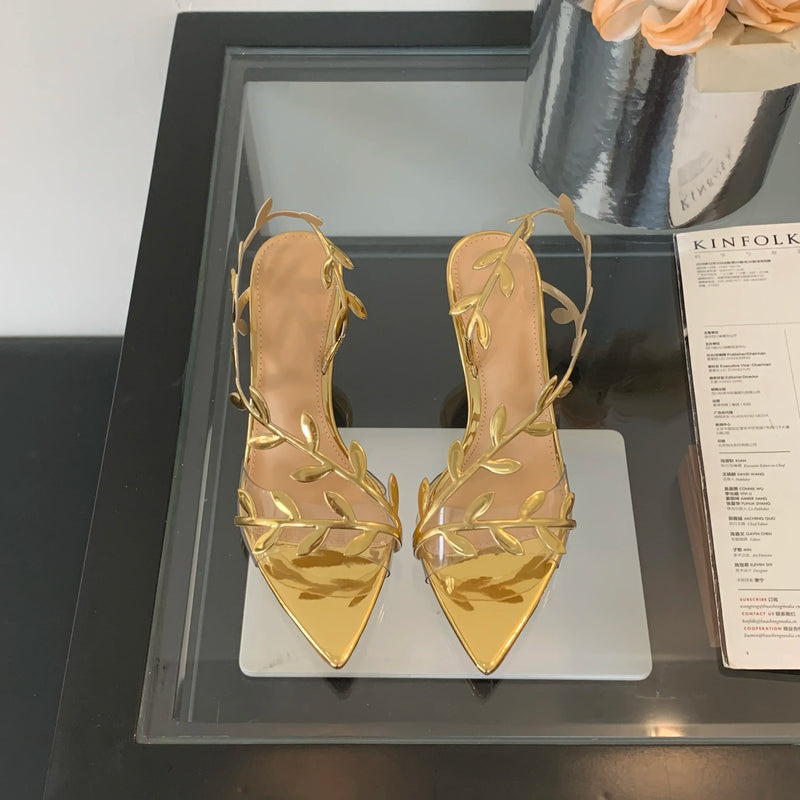 2025 Summer Ladies High Heels Fashion Pointed Leaf Gold Silver High Heel Sandals Women Party Wedding Shoes