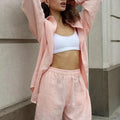 FSMG Fashion Solid Cotton Linen Shorts Set Casual Loose Buttons Long Sleeves Shirt  Elastic Waist Shorts Outfit Lady Chic Outfit