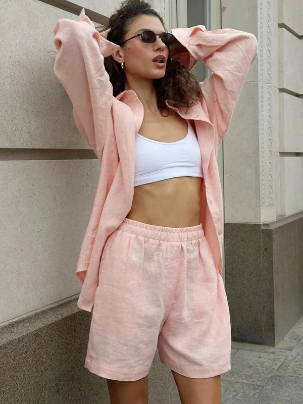 FSMG Fashion Solid Cotton Linen Shorts Set Casual Loose Buttons Long Sleeves Shirt  Elastic Waist Shorts Outfit Lady Chic Outfit