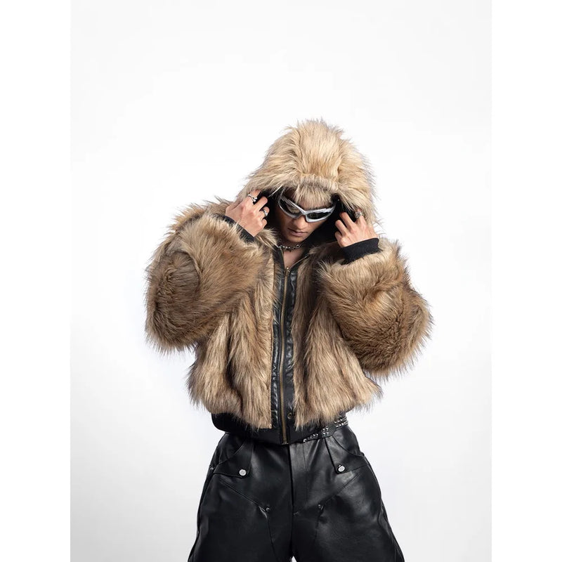 American Style Men's Padded Jackets PU Leather Reversible Faux Fur Fleece Thickened Solid Color Loose Male Coats Tide
