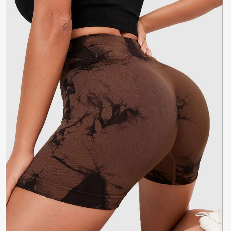 Seamless Tie Dye Style High Waist Quick Dried Fitness Triple Pants Honey Peach Hip Lift Yoga Sports Tight Shorts