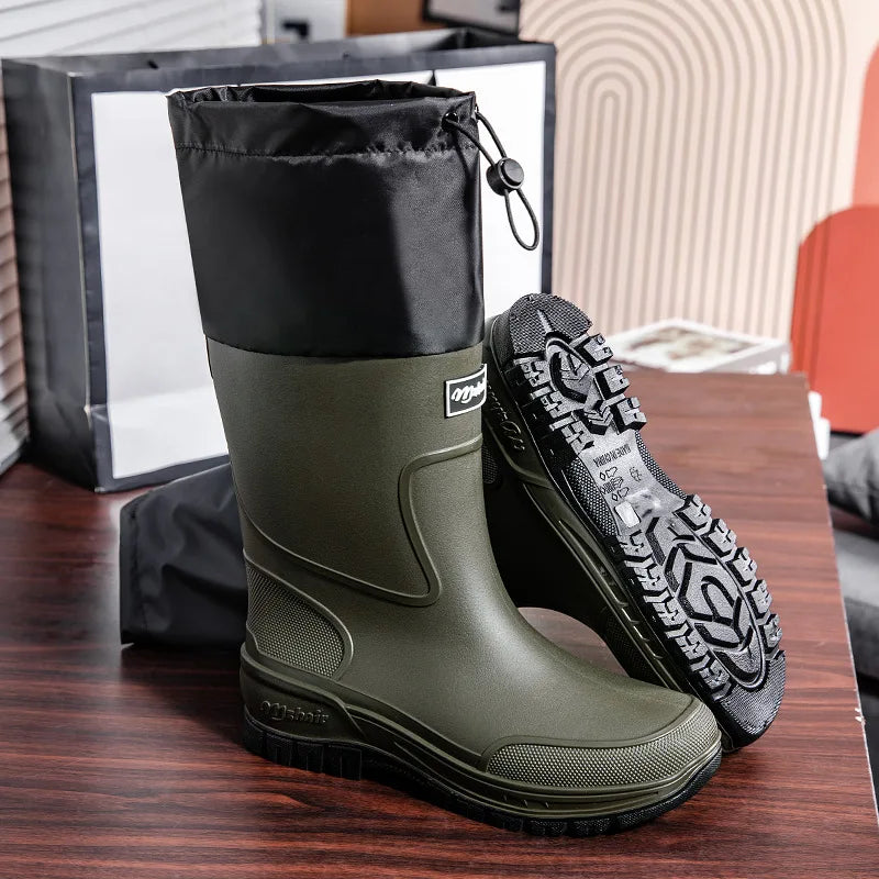 Men's Waterproof Fishing Delivery Rider Rain Boots with Durable Thick Soles, Anti-Slip Rubber Shoes