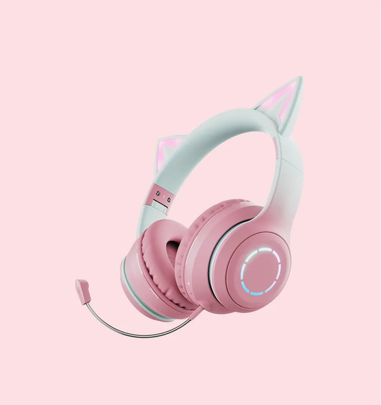 Cat Ear Headphones Bluetooth 5.1 Wireless Earphones with RGB Light Detachable Mic 40mm Stereo Drivers for Gaming Calls & Music