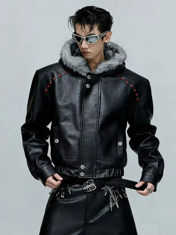 American Style Men's Padded Jackets PU Leather Faux Fur Fleece Thickened Solid Color Loose Male Hooded Warm Coats Tide