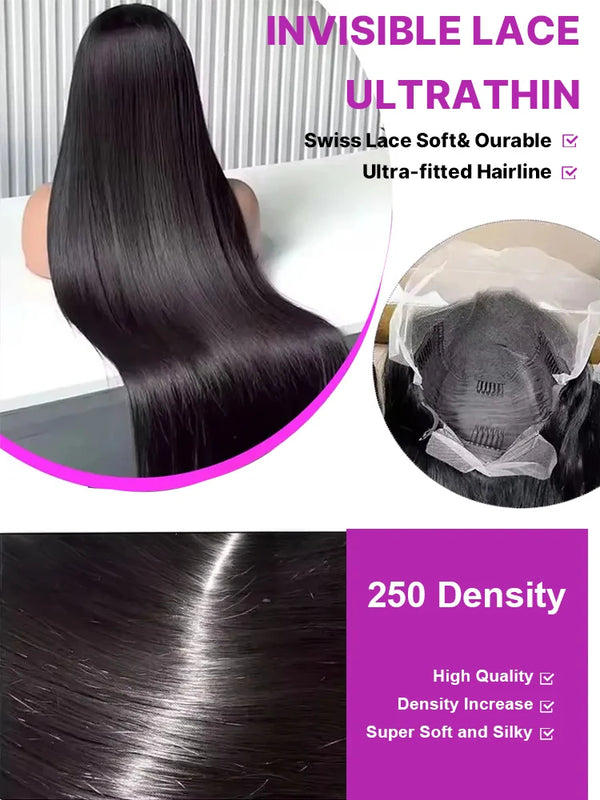300 High Density Hd 13x4 13x6 Bone Straight Human Hair Lace Front Wigs Pre Plucked Baby Hair Brazilian 40 46 Inch 360 Full Lace Frontal Wigs For Black Women 100% Real Human Hair Natural Black Color