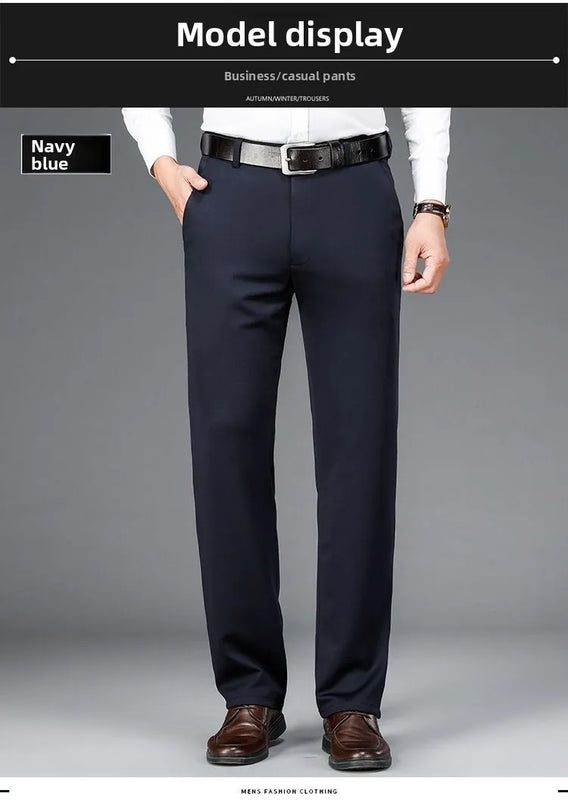 Winter Fleece Warm Business Formal Pants Men Classic Work Office Grey Elastic Waist Suit Thicked Thermal Trousers Plus