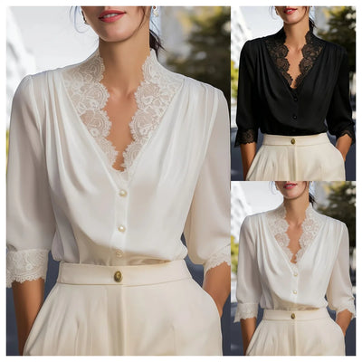 New Women's Black Shirt Lace Spliced Button Cardigan | SAMAG