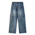Men Vintage Wash Cargo Wide Leg Jeans Big Pockets | SAMAG