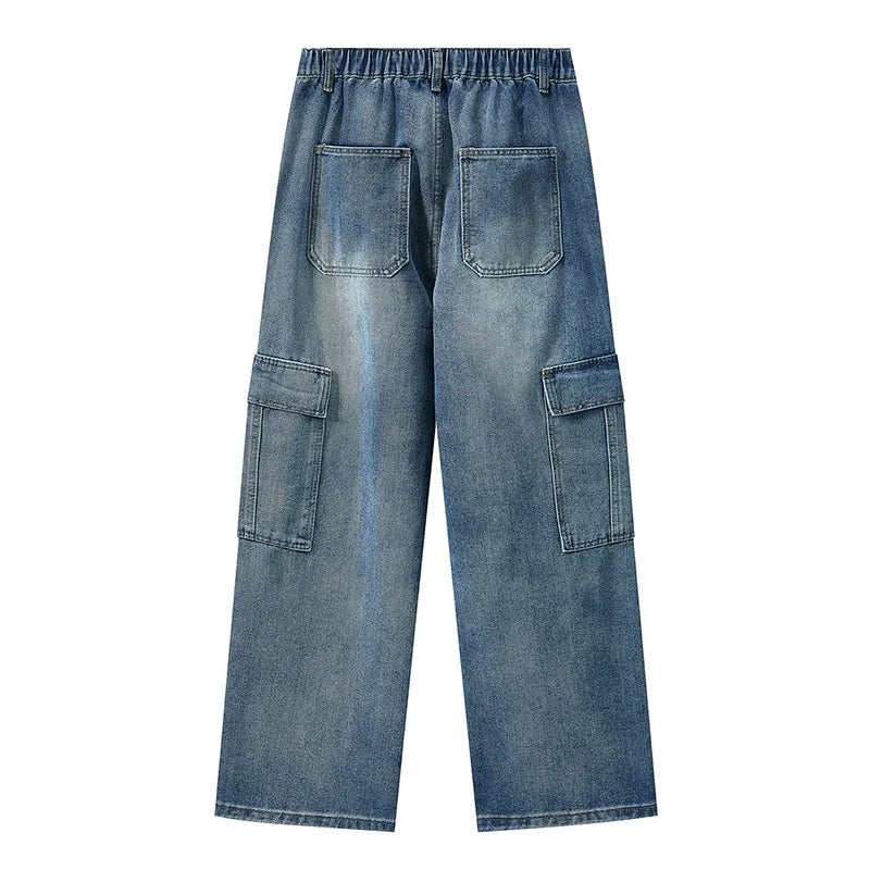 Men Vintage Wash Cargo Wide Leg Jeans Big Pockets | SAMAG