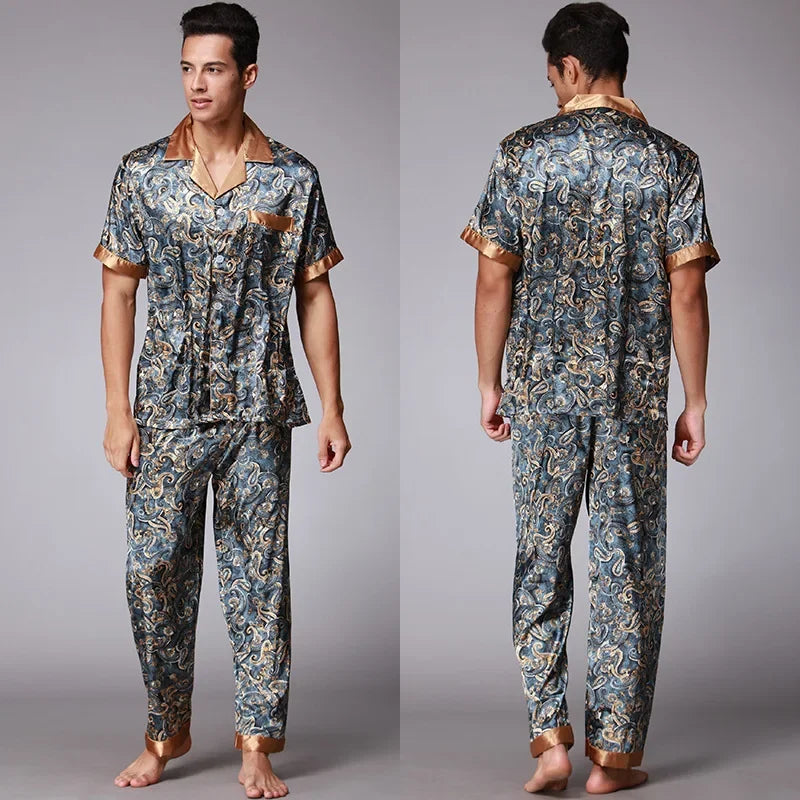 Ice Silk Robe Loose Nightwear Loungewear Male Casual Home Clothes Print Shirt&pants Summer Autumn New Bathrobe with Pocket