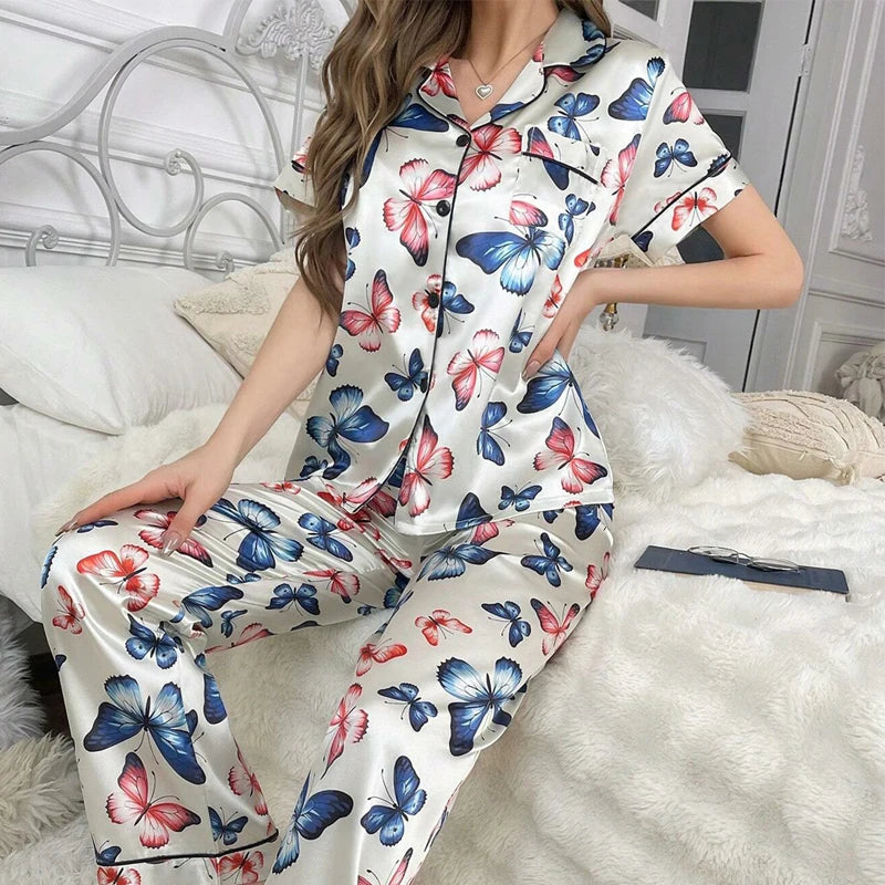 Cute Cat Print Pajama for Women Satin Long Sleeve Lapel | SAMAG
