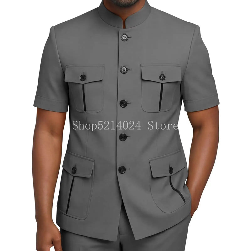 Mens Safari Suit 2 Piece Short Sleeve Suits for Men Regular Fit Stand Collar Suit African Clothes