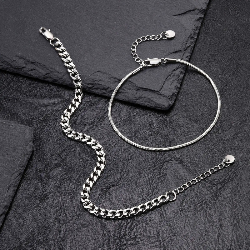 2pcs Cuban Chain Bracelet for Men Boys,Waterproof Stainless Steel Silver Color Chain Wristband,Stylish Fahter's Day Gift