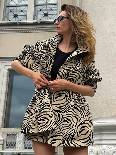 Women Zebra Print Two Piece Set Lapel Collar Elastic | SAMAG