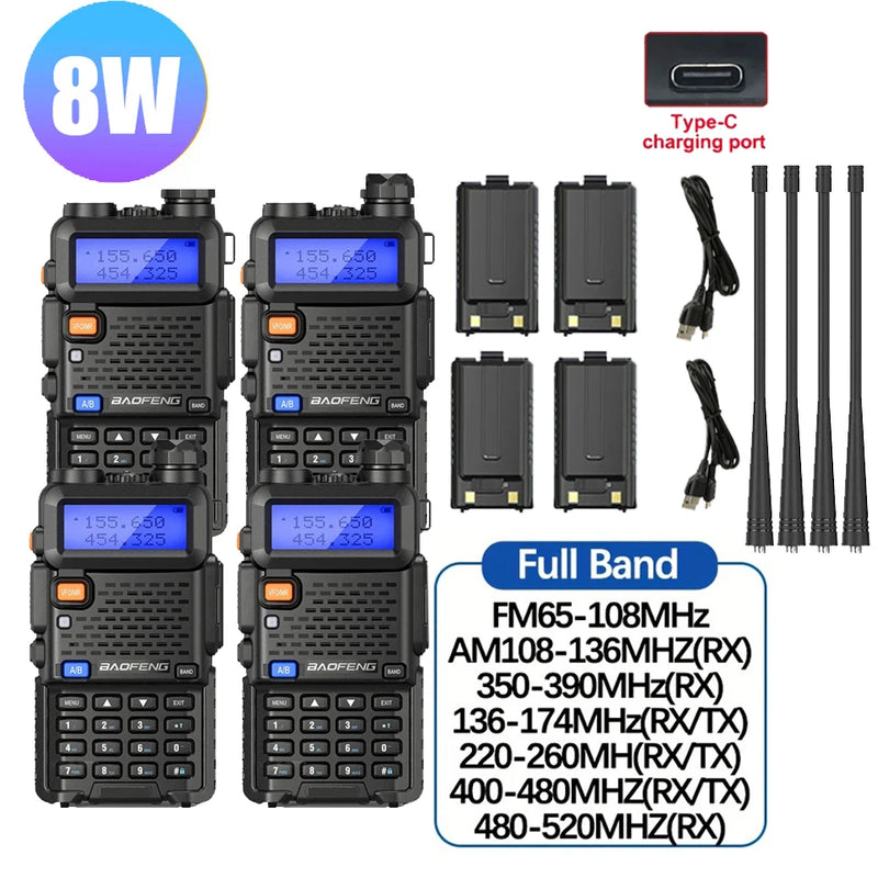 4Pcs Baofeng UV-5R 8W/5W Tri-Power Walkie Talkie High Power Dual Band Long Range Portable Handheld UV 5R Radio
