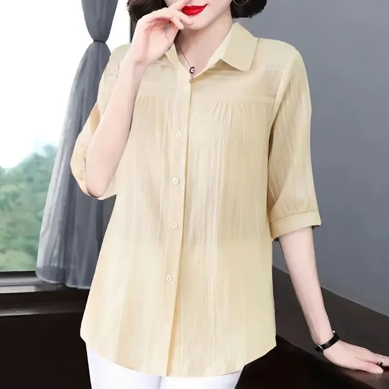 Fashion Lapel Solid Color All - match Half Sleeve Shirt - View 2 | SAMAG