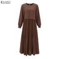 ZANZEA Women Modest Plisse Maxi Dress O-Neck Long Sleeve | SAMAG