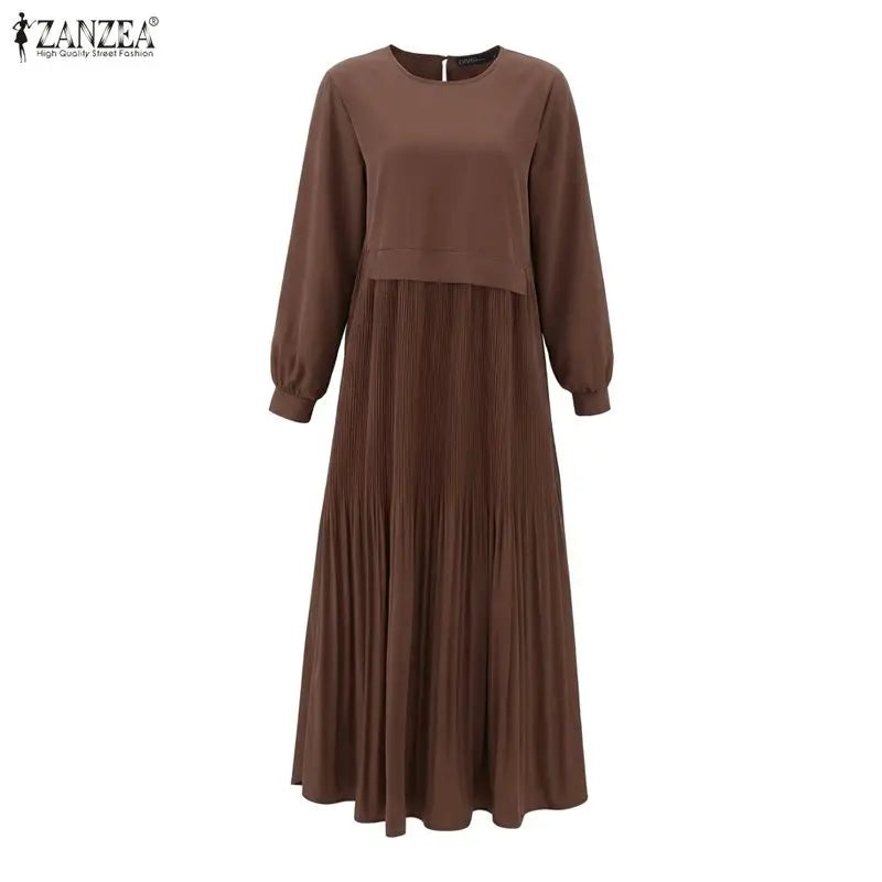 ZANZEA Women Modest Plisse Maxi Dress O-Neck Long Sleeve | SAMAG