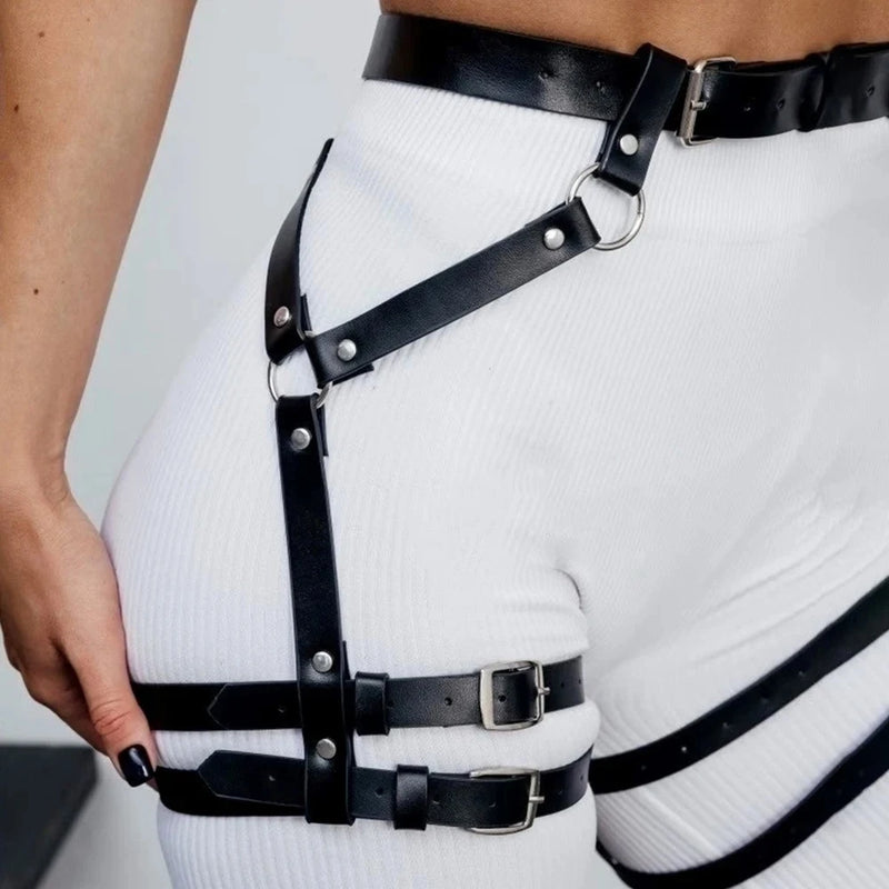 Fashion Steampunk Women's Body Harness With Suspenders Garter Belt For Thigh High Stockings PU Leather Gothic Clothing Accessory