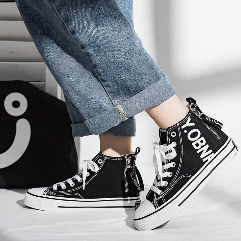 Design Sense High Top Canvas Shoes 2023 Autumn New Versatile Board Shoes Simple Side Zipper Women's Shoes Woman Designer Shoes