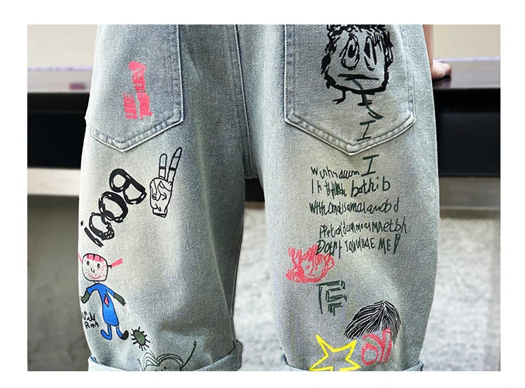 Kids Boys Graffiti Drawing Denim Shorts Elegant Children Casual Ripped Short Jeans Capris Pants 5 6 7 8 9 10 11 12 13 14 Year