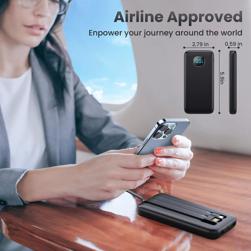 Power Bank Portable Charger with 3 Built-in Cables,Ultra Slim 10000mAh PD 3.0A USB-C Battery Pack,LCD Display 5 Outputs Travel Essentials Powerbank for iPhone 16/15/14/13/12 Series,Samsung,Android etc