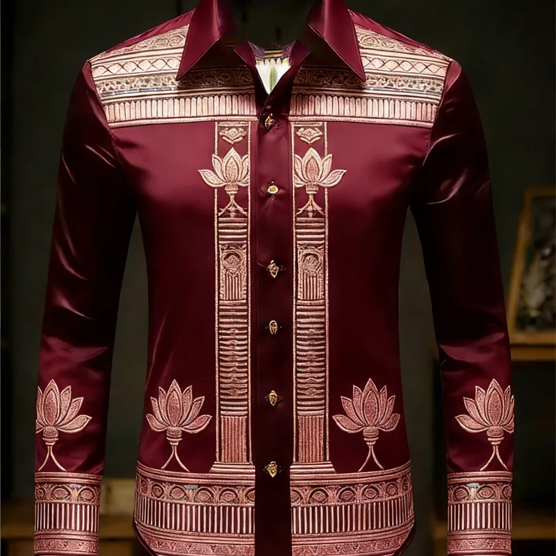 New men's long sleeved shirt with gold lotus 3D printed | SAMAG