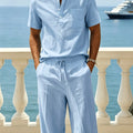 Men's Cotton Linen Mandarin Henley Short Sleeve Shirt | SAMAG