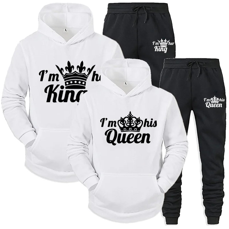 Lover Tracksuit Hoodies Printing QUEEN KING Couple Sweatshirt Plus Size Hooded Clothes Women Two Piece Set - View 5 | SAMAG