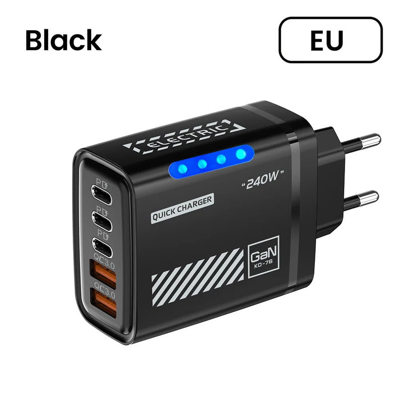 240W 5 in 1 GaN Desktop Charger Fast Charging Adapter 10A USB To TypeC Cable 3PD 2 USB Charger For IPhone Samsung Laptop