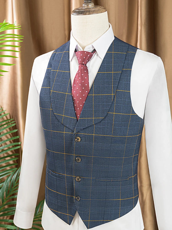 High Quality 3 Piece Checkered Suit Set Dark Blue Stylish Business Office Wedding Formal Outfit Elegant Full Man Dinner Suit