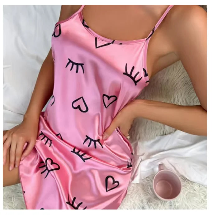 Ladies Sexy Sling Nightgown Nightdress Women's Sexy Lingerie Silk Satin Sleepwear Floral Pinting Nightwear Homewear Mini Dress