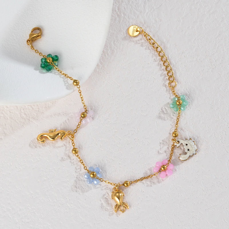 Summer Sweet Colorful Crystal Beaded Flower Bracelet For Women Girl Stainless Steel Beach Vacation Jewelry Gold Color Chain Gift
